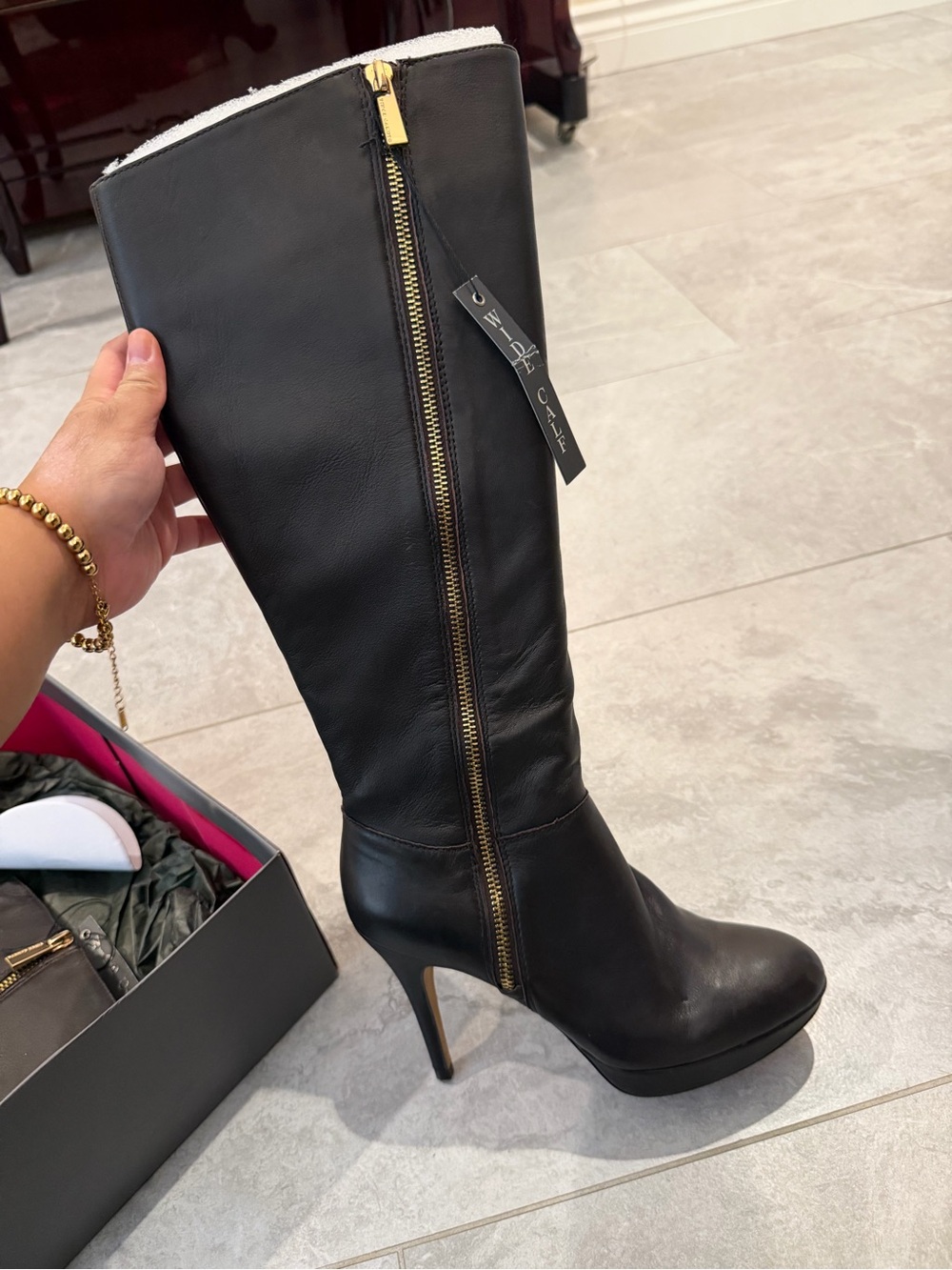 Vince Camuto Dark Brown Leather Knee-High Stiletto Boot with Gold Zip